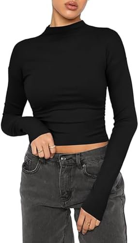 Women's Casual Crop Tops Cotton Slim Fit Top Mock Turtle Long Sleeve T-Shirt Basic Blouse Tee Tops(Black-g,XL)