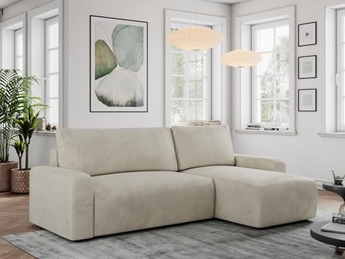 MKS MEBLE Ecksofa mit Schlaffunktion und Bettkasten, Schlafsofa L-Form, Schlaffläche 208x132 cm - Argos - Velvetstoff, Beige