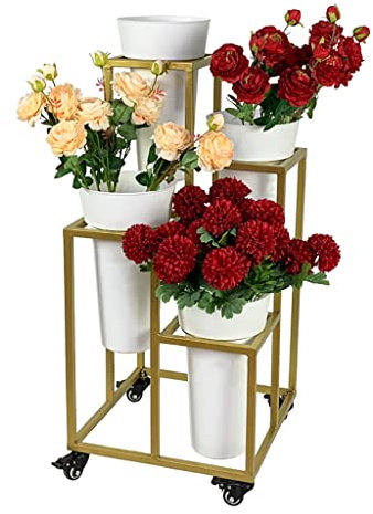 Floristen-Ausstellungsregal, Eisen-Mehrschicht-Leiter-Blumen-Ausstellungsregal, Robustes bewegliches Pflanzenwagen-Regal, für Innen-/Außenterrassengarten/Wohnzimmer/Floristen (Farbe: Goldrah