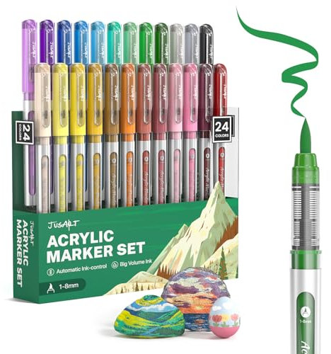 JusArt 24 Colours Acrylic Paint Markers Brush Tip, Water Based Paint Pens with Automatic Ink-Control, Waterproof 1-8mm Flexible Tip Acrylic Markers for Any Surface, Art Supplies for Adults Artist