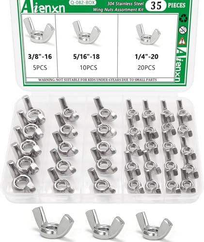 Aienxn 35PCS SAE Sizes Wing Nuts Assortment Kit, 304 Stainless Steel 1/4-20, 5/16-18, 3/8-16, Parts Butterfly Wing Nut, Wingnuts Fasteners