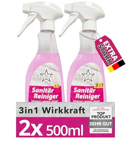 Ricostar Sanitärreiniger 2x500 ml – 3in1 Badreiniger für hygienische Sauberkeit – Kalkreiniger ideal für Sanitärporzellan, Amaturen, Chromstahl & Fliesen – Badreiniger-Spray gegen Kalk & Schmutz