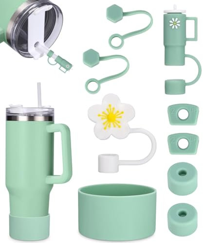 Cexovo Accessoires Stanley Cup comprend 6 Bouchons en Silicone Anti-Fuite, 2 Couvercles en Paille, 1 Coque en Silicone pour Gobelets Stanley de 1,2 l et 850 ml Convient pour Stanley Cup (Green)