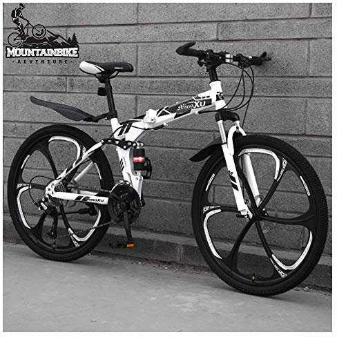 Mountain Trail Bike 24 Zoll mit Doppelfederung für Erwachsene Männer und Frauen, faltbares Mountainbike mit Scheibenbremsen, Rahmen aus Kohlenstoffstahl und verstellbarem Sitz, weiß, 6 Speichen, 24
