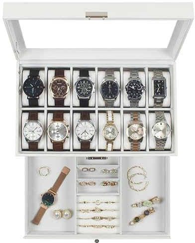 KILHS Uhrenbox für 12 Uhren, Uhrenaufbewahrung mit Glasdeckel, 2-stöckige Watch Box mit 1 Schublade, mit Schlüsselschloss, für Ringe und Ohrringe, als Geschenk geeignet,KS-012W