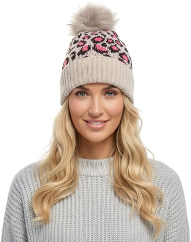 A2Z Ladies Hats Leopard Knitted Bobble Beanie Faux Fur Pom Pom Lightweight Durable Stylish Stretchy Winter Soft Warm Cozy Caps Comfortable Outdoor Women Hats