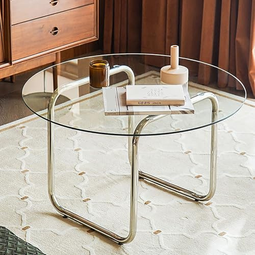 Runder Beistelltisch Aus Glas, Metall, Modern, Side Table für Sofa, Couch, Wohnzimmer (Transparent, 19.6in/50cm)