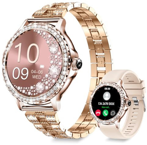 Smart Watches for Women (Answer/Make Call) with Diamonds, 1.3”HD Screen Bluetooth Smartwatch for Android iOS Phones, IP68 Waterproof Fitness Activity Trackers with Heart Rate/SpO2/BP/Sleep Monitor