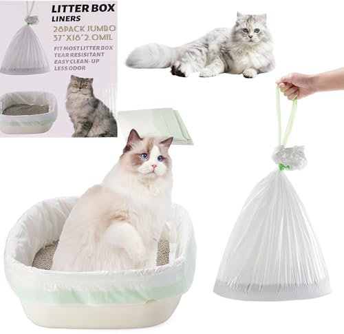 Suhaco Cat Litter Tray Liners Extra Large Disposable 91x48cm Heavy Duty Leak Proof Litter Tray Liner with Drawstring Durable Scratch Resistant Poop Bags for Cats Litter Box (Pack of 28)