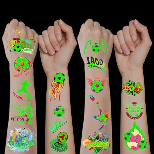 HENGBIRD 10 Blätter Leuchttattoos Kinder Fußball, Temporäre Kindertattoos Fussball Tattoos Kinder Fußball Geschenke für Jungs Kindertattoos Jungen für Fußball Party Mitgebsel Kindergeburtstag