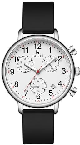 BUREI Damen Analog Quarz Armbanduhr，Krankenschwester-Uhren, Silikon-Komfortuhren，wasserdicht，Nachtlicht，Stoppuhr multifunktionale Zeituhren(Schwarz)