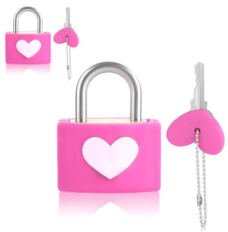 Mabor Petit cadenas avec clé, large cadenas en métal rose rouge avec motif cœur rose pour casier de salle de sport, abri de jardin, décoration, valise/bagage