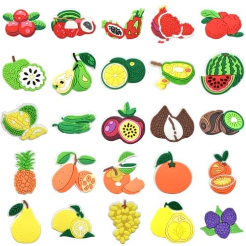 MUNSKT 25 Pcs Assorted Fruit Shoe Charms – 25 Unique Designs (Orange, Pineapple, Cherry & More) Decorative PVC Accessories for Crocs, Clogs & Wristbands, Party Favors & Gifts for Kids, Teens & Adults