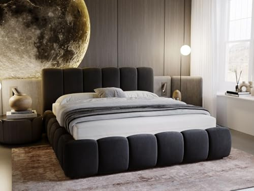 GRAINGOLD Cloud Bett 160x200, Polsterbett mit Bettkasten, Polsterbett mit Stauraum, Samt, mit Lattenrost, mit Kopfteil, ohne Matratze (Dunkelgrau, 160x200)