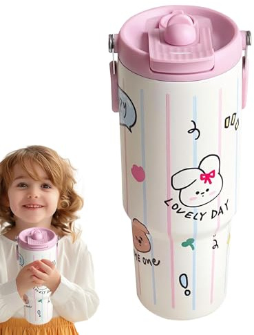 Borraccia in acciaio con cannuccia, isolata, 890 ml, a tenuta stagna, tazza da viaggio con manico, per caffè, bevande, palestra, sport, caffè, tazza termica con design a cartoni animati