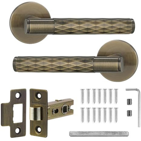 Decoranddecor Tore Lever On Rose Door Handles – Diamond Pattern Antique Brass Handle Set with 2.5-Inch Tubular Latch for Bedrooms, Bathrooms & Living Spaces