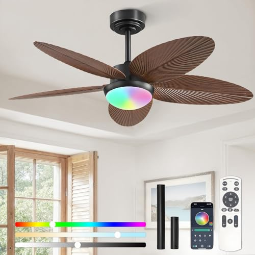 Ventilador de techo con iluminación, 107 cm, lámpara de techo tropical de hoja de palma con RGB regulable, lámpara inteligente silenciosa, ventilador con mando a distancia/aplicación, temporizador, 6