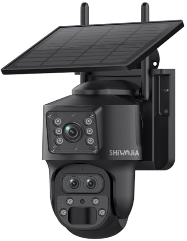 SHIWOJIA Camera Solaire Exterieur WiFi sans Fil, 6MP Appareil Photo à 3 Objectifs, Détection Humaine Vision Nocturne Couleur Audio Bidirectionnel, Batterie + Panneau Solaire + 15X Zoom
