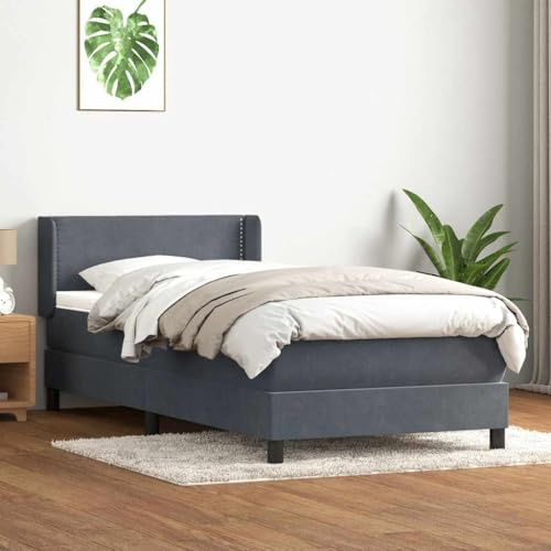 Teenpull Boxspringbett 90x220 cm, Dunkelgrau Samt, inkl. Taschenfederkernmatratze, verstellbares Kopfteil, Matratzenauflage, Stabiler Lattenrost für Schlafzimmer