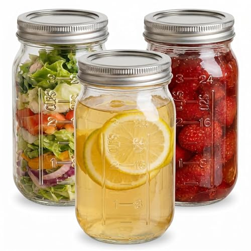 3 Stück 32oz Mason Jar mit luftdichten Deckeln,1L Wide Mouth Mason Jars Einmachgläser, Vorratsgläser für Canning,Fermentieren, Beizen, Lagerung,Nüsse, Süßigkeiten und Bohnen ,Marmelade (32oz/1000ml)
