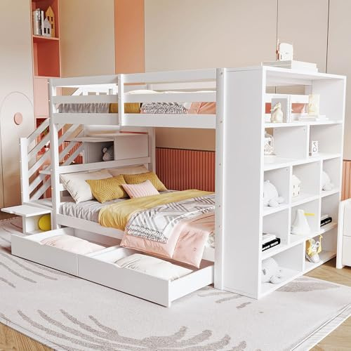 ZKLOEP Litera de 90 x 200 cm, escalera de seguridad con compartimentos de almacenamiento, cajones de almacenamiento y grandes taquillas, estructura de valla alta, somier de listones, cama de pino
