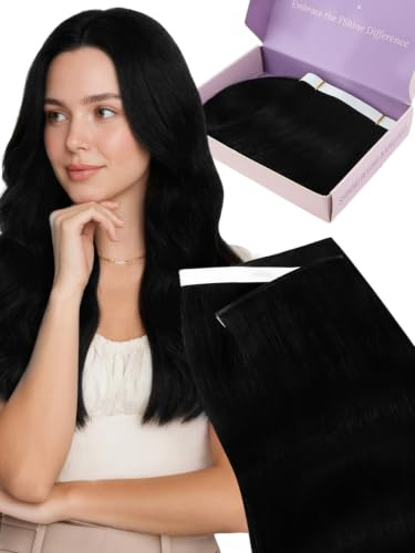 Fshine Tape in Extensions Echthaar Schwarz 55cm 50g Tape Weft Extensions | Tape Tressen Echthaar, anpassbare Struktur, natürliche Ansatzoptik, zusätzliches Volumen, einfache Befestigung