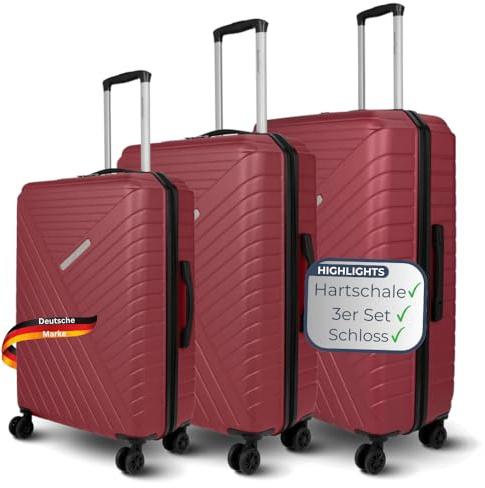 DELUKE 3tlg. Hartschalenkofferset mit Schloss Kendo - ABS Material | Hartschalenkoffer mit Rollen Trolley Koffer Reisekoffer Reisekofferset Gepäck Teleskopgriff, Rot