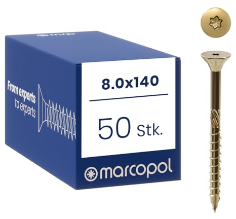 Marcopol Holzbauschrauben mit Senkkopf 8 x 140 mm 50 Stück TX40 | Gelb Verzinkt Senkkopfschrauben mit TX Antrieb - Schrauben mit Frässpitze, Schneidkerben, Aufbohrfräse