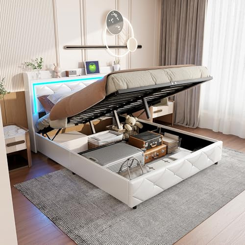Hoscullo Polsterbett Modern 160 x 200 cm, boxspringbett LED mit Hydraulisch Verstellbarer Stauraum und Lattenrost, Bettgestell PU mit gepolstertes Kopfteil, Jugendbett Bett für Erwachsene