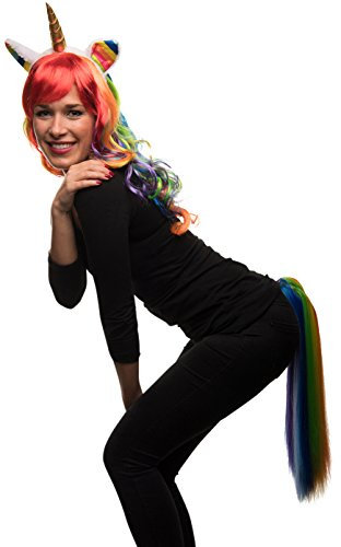 Balinco Einhorn Kostüm-Set bestehend aus Regenbogen Einhorn Perücke + Einhorn Haarreif + Einhorn Pferdeschwanz für Damen und Herren zum Fasching & Karneval