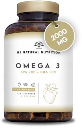 Omega 3 Kapseln Hochdosiert mit 2000 mg Fischöl mit 700mg EPA und 500 mg DHA, Fischöl mit Vitamin E und den Omega 3 Fettsäuren. 120 Softgel-Kapsel reines Seefischöl N2 Natural Nutrition