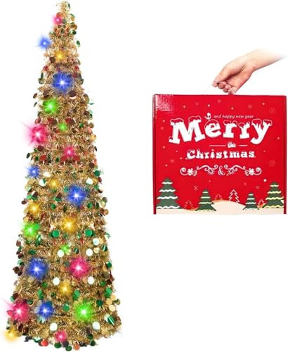 N&T NIETING Christmas Tree, 5ft Collapsible Pop Up Christmas Trees Gold Mix Tinsel Coastal Christmas Tree for Holiday Xmas Decorations, Home Display, Office Decor
