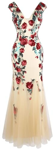 Angel-fashions Robe de Bal avec col en V Profond et Paillettes Rose Small