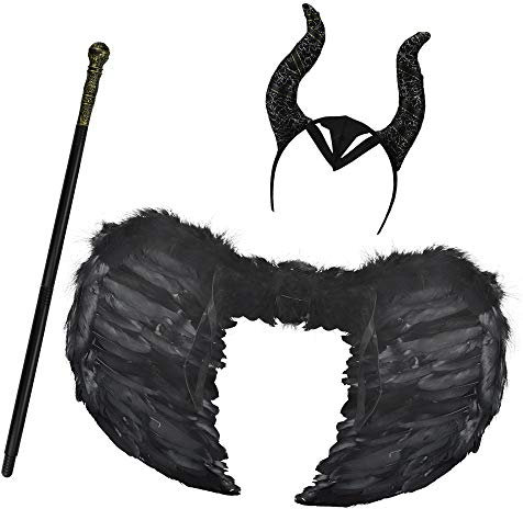 DECARETA Maleficent Kostüm Halloween Flügel Feder Engel Flügel Schwarz Federflügel Hörner Stirnband Cosplay Kostüm Böse Kopfbedeckung Hut Stirnband Kopfschmuck mit Spazierstock für Damen Kinder