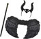 DECARETA Maleficent Kostüm Halloween Flügel Feder Engel Flügel Schwarz Federflügel Hörner Stirnband Cosplay Kostüm Böse Kopfbedeckung Hut Stirnband Kopfschmuck mit Spazierstock für Damen Kinder