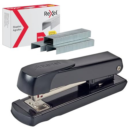Rexel Set Heftgerät Meteor Schwarz, Kunststoff, 2100019 + 1000 Rexel Heftklammern 26/6 verzinkt R06131