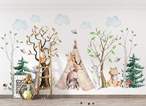 Osomhome os3611 Sticker mural animaux de la forêt I Feuilles girafe renard oiseau lapin forêt Image pour chambre d'enfant garçon et fille (190 x 100 cm)
