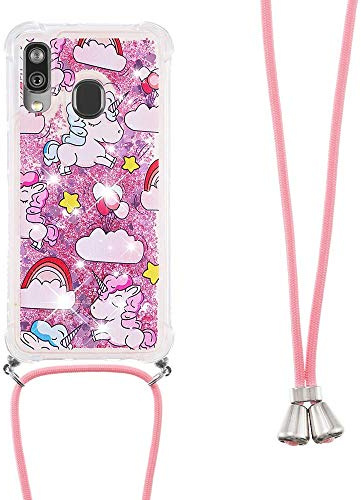 Handykette Handyhülle für Samsung Galaxy A20e Hülle,Glitzer Quicksand kreatives Fließende Flüssigkeit schwimmt Silikon Case mit Umhängeband Handykordel Band Kette für Samsung Galaxy A20e,YB GS Unicorn