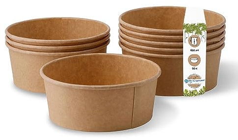 BIOZOYG Kraftkarton-Schale 650 ml I 50 St. kompostierbare Suppenschalen aus Kraftkarton - Salatschale mit PLA Innenbeschichtung I To-Go-Geschirr ohne Plastik I Karton-Schalen braun rund 50 Stück