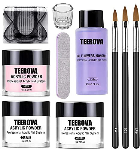 TEEROVA Acrylic Nail Kit - Professional Powder & Liquid Set with Nail Brush, Forms, Tips (3 Colors)