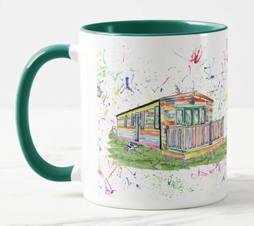 Vixar Caravan Static Holiday Home Watercolour Art Coloured Mug Cup Gift Birthday Work Office Christmas Tea Coffee (D Green)