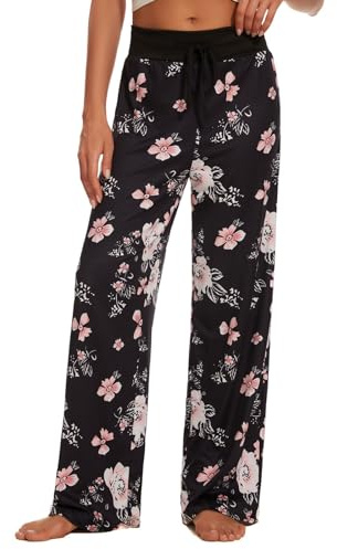 AMYTIS Yogabyxor för kvinnor, stretch, fritidsbyxor, bekväma pyjamasbyxor, långa lätta loungebyxor, hemmakostym, byxor, avslappnade byxor, sommarbyxor, vida ben, Svart #0580, M
