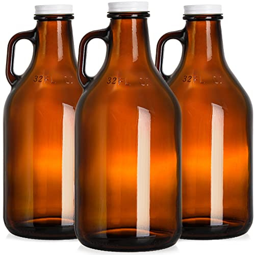 ZEAYEA 3 Pack 32 oz Glass Growler, Amber Glass Jug with Lids and Handle, Great for Beer, Home Brewing, Kombucha, Distilled Water