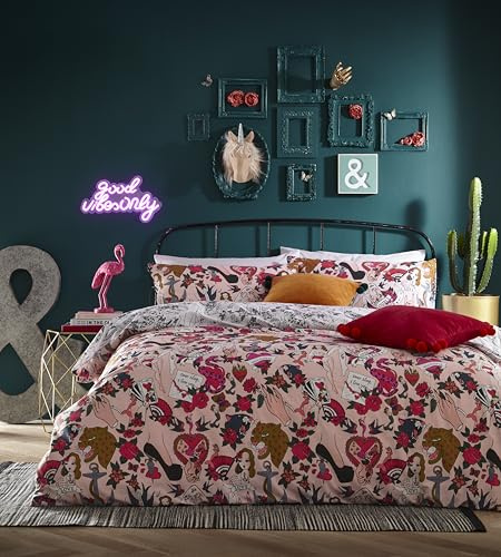 furn Inked Duvet Cover Set – Tattoo Inspired Cartoon Print with Reversible Design, Polycotton Bedding (Pink Blush – Single)