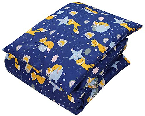 TupTam Kinder Gemusterte Bettdecken Set Ganzjahresdecke Bettdecke Kopfkissen Flachkissen 2tlg., Farbe: Füchse Sternbild/Dunkelblau, Größe: 135x100 cm