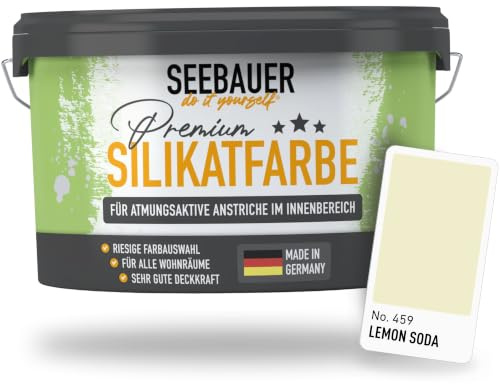 SEEBAUER diy Silikatfarbe Gelb 2,5L für Innen (No. 459 Lemon Soda) Atmungsaktive Mineralfarbe für Allergiker - Abwaschbare Wandfarbe - Gelbtöne hohe Deckkraft