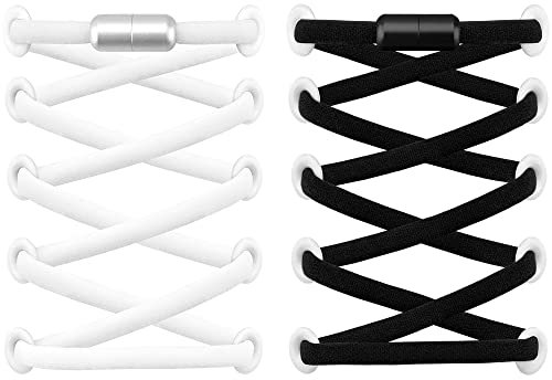 RJ-Sport (2 Paar Elastische Schnürsenkel mit Schnellverschluss - Schnellschnürsystem für Einzigartigen Komfort und Starken Halt - mit Metallkapseln ohne binden (Schwarz+Weiß)