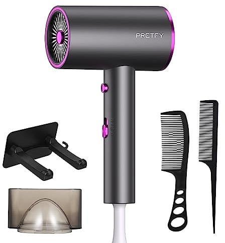 Pretfy Travel Hairdryers, 2000W Lightweight Hair Dryer for Women, Professional Ionic Blow Dryer with 2 Speeds, 3 Heating and Cool Button, Portable Hairdryer Fast Drying with Concentrator, Holder, Comb