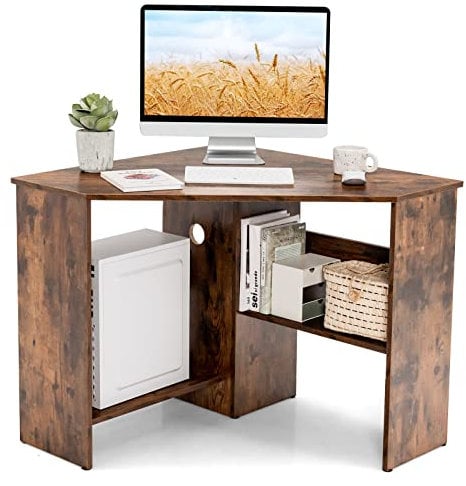COSTWAY Corner Computer Desk, Triangle Study Desk Writing Workstation with Open Shelves and Cable Management Holes, Space-Saving Wooden Gaming PC Laptop Table for Home Office Bedroom (Rustic Brown)