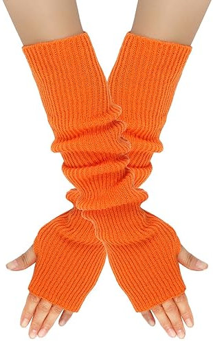 Wambere Damen Mädche Winter Fingerlose Armstulpen Langarm Fäustlinge Handschuhe Feinstrick lang Handwärmer Stulpen,Warm Strick Handschuhe Pluswärmer Strickhandschuhe,Orange